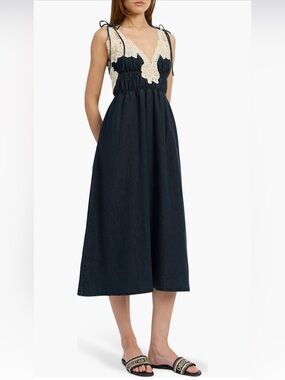 NWOT En Saison Womens Lace Trim Tie Shoulder Denim Natalia Midi Dress Blue XS